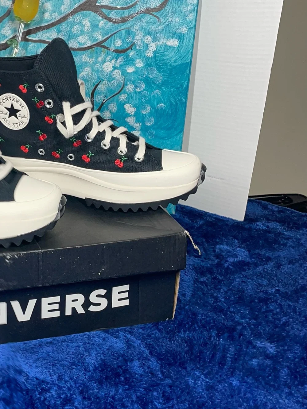Converse women’s Black High-Top Sneakers size 8.5 with Red Cherry Embroidery.